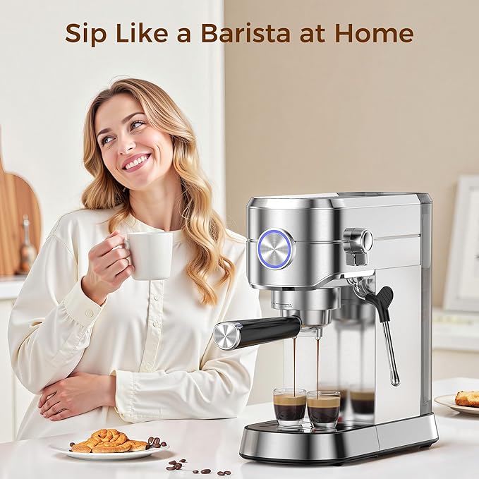 Kndko Espresso Machine, 20 Bar Espresso Maker with Milk Frother, Compact Stainless Steel Coffee Machine with 40.5oz Removable Water Tank for Cappuccino, Latte