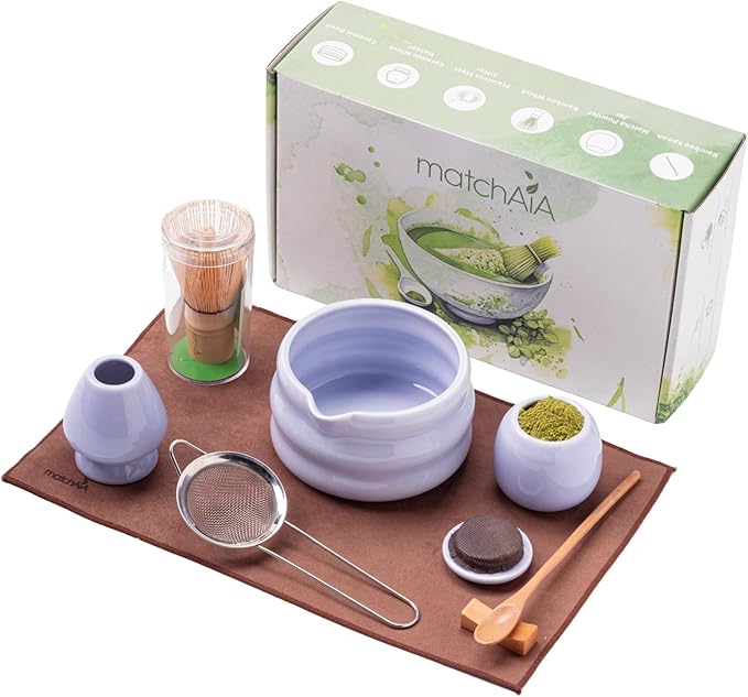 Matcha Whisk Set - Ceramic Bowl, Bamboo Whisk with Holder, Storage Canister, Sifter, Schima Spoon with Rest, Tea Towel - 8 Pcs Complete Kit for Traditional Matcha and Modern Lattes (Purple)
