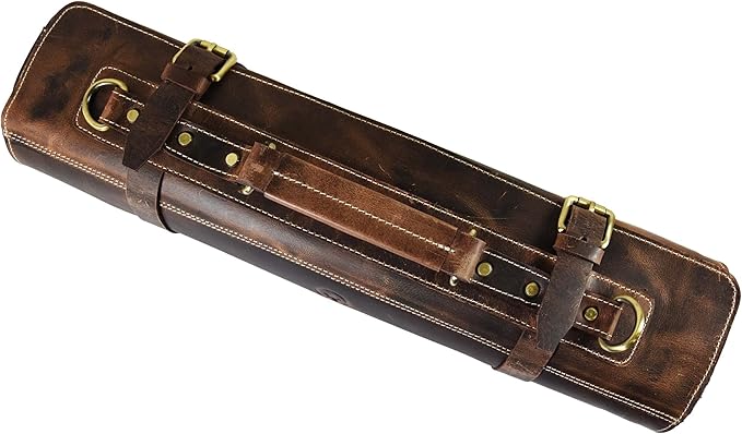 Leather Knife Roll Storage Bag, Elastic and Expandable 10 Pockets, Adjustable/Detachable Shoulder Strap, Travel-Friendly Chef Knife Case (Dark Brown, Leather)