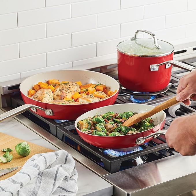 KitchenAid Hard Anodized Ceramic 9-Piece Nonstick Cookware Set – Includes Fry Pans, Saucepan, Stockpot, Durable, Even Heating, Oven Safe to 500°F, Empire Red