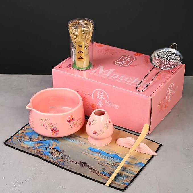 Matcha Set 7-Piece matcha whisk set，matcha kit,matcha set, 1 Scoops, Strainer,1 matcha whisk ，macha whisk set (pink)