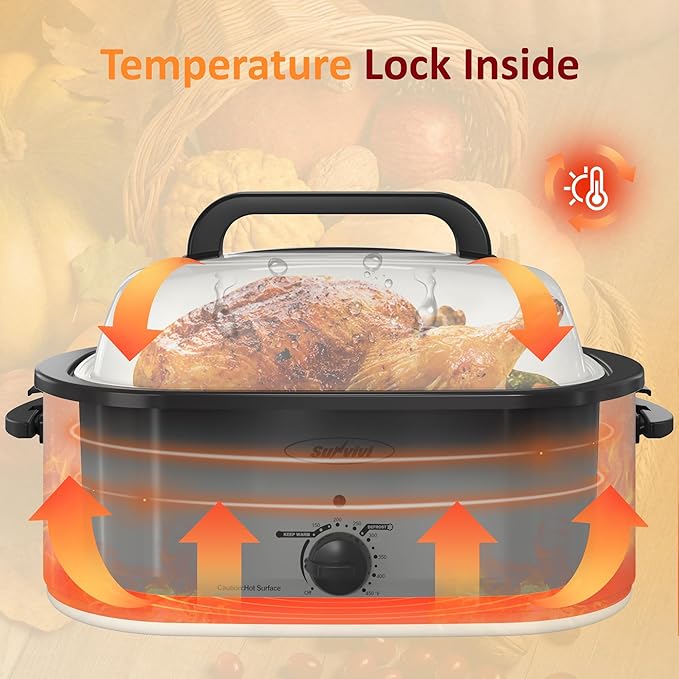 Sunvivi 26 Quart Electric Roaster Oven with Glass Lid, Turkey Roaster Oven Buffet with Self-Basting Lid, Removable Pan, Cool-Touch Handles, White