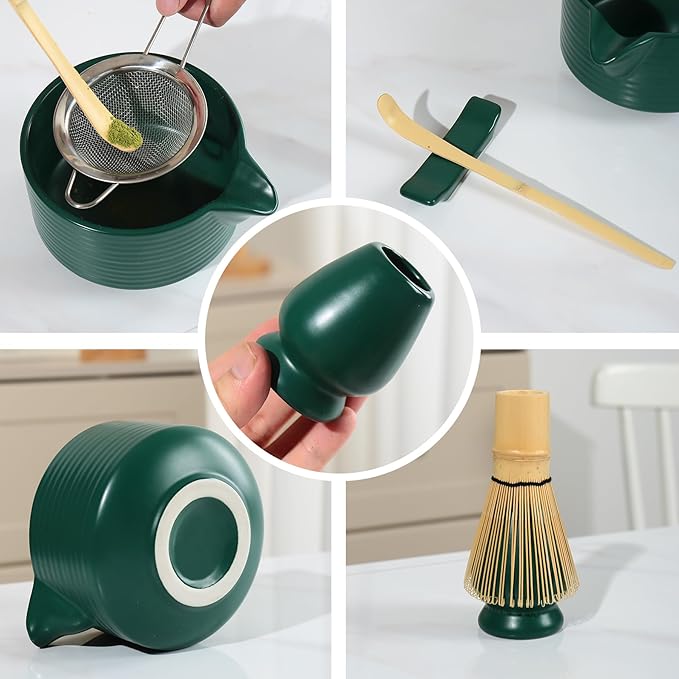 Matcha Sets, Japanese Matcha Kit with Dark Green Bowl, Bamboo Whisk for Matcha Tea, Ceramic Holder, Stainless Sifter & Scoop, Tea Towel, Traditional Matcha Tea Set for Ceremony, 7Pcs