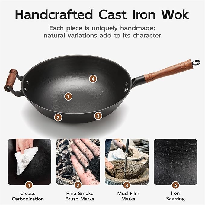 WANGYUANJI 12.6" Chemical-Free Iron Wok with Lid and Iron Spatula, Flat Bottom Stir Fry Pan for All Stovetops