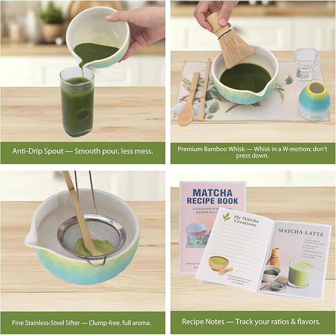 Matcha Whisk Set – 10 Pcs Matcha Set Whisk and Bowl – Ceremonial Matcha Kit, Matcha Starter Kit & Accessories – Glazed Aqua Ombre Japanese Matcha Set Gift for Tea Ceremony and Matcha Lovers