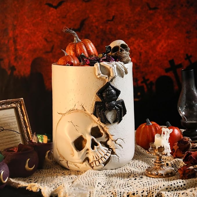 Halloween Large Witch Cauldron Bucket 11.72" White Candy Pot with Skull Spider Resin Halloween Candy Bucket Indoor Decorations for Table Decor Trick or Treat Party Supplies Witch Kettle