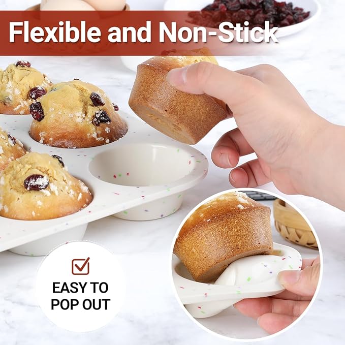 CAKETIME Silicone Muffin Pan, Cupcake Pan 12 Cups Regular Size Muffin Tin Non Stick Muffin Pan for Baking Banana Muffin, Cupcake, Egg Muffin 2 Pack Confetti