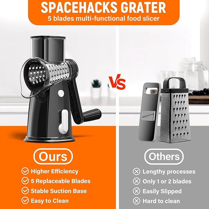 Rotary Cheese Grater Hand Crank with 5 Interchangeable Blades, Vegetable Slicer Chopper for Fruit Vegetable Nuts, Mandoline Slicer for Kitchen with Blades Rack & Suction Base, Black