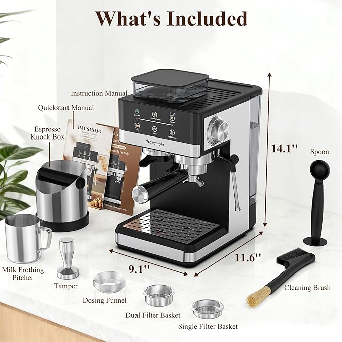 Espresso Machine with Grinder, 20Bar Expresso Coffee Machines with Milk Frother, Professional Compact Stainless Steel Coffee Maker for Espresso, Latte & Cappuccino, Perfect for Home Use