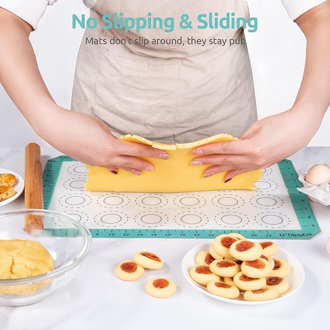 446ºF Heat Resistant Macaron Mat: U-Taste 11.75x8.25in Non Stick Silicone Baking Mat, Reusable Cookies Pastry Sheet Liner with Edge Enhancement & Circle Measurement for Cake Pan (Aqua Sky)