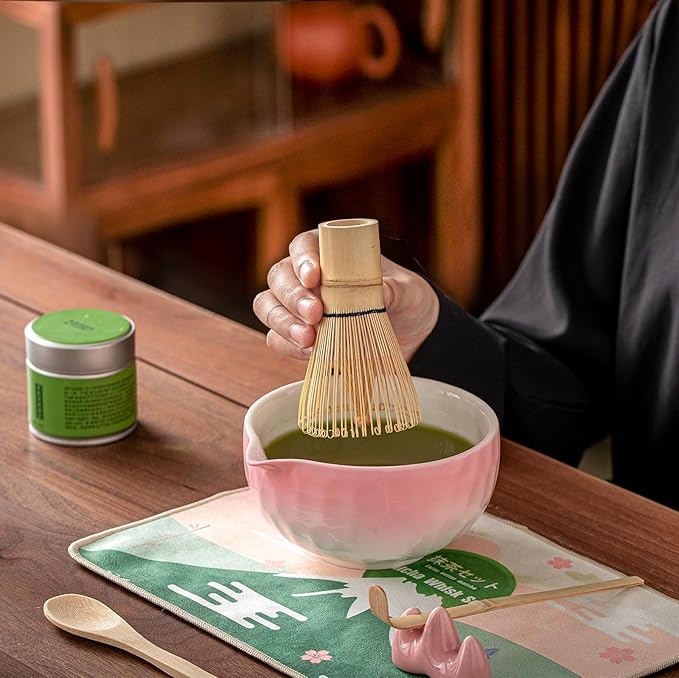 Clay&Fire Matcha Whisk Set，9 Pcs Ceramic Matcha Set, 15 OZ Matcha Bowl with Spout and Whisk，Matcha Kit for Friend, Ideal Gift for Matcha Lover（Gradient Pink）