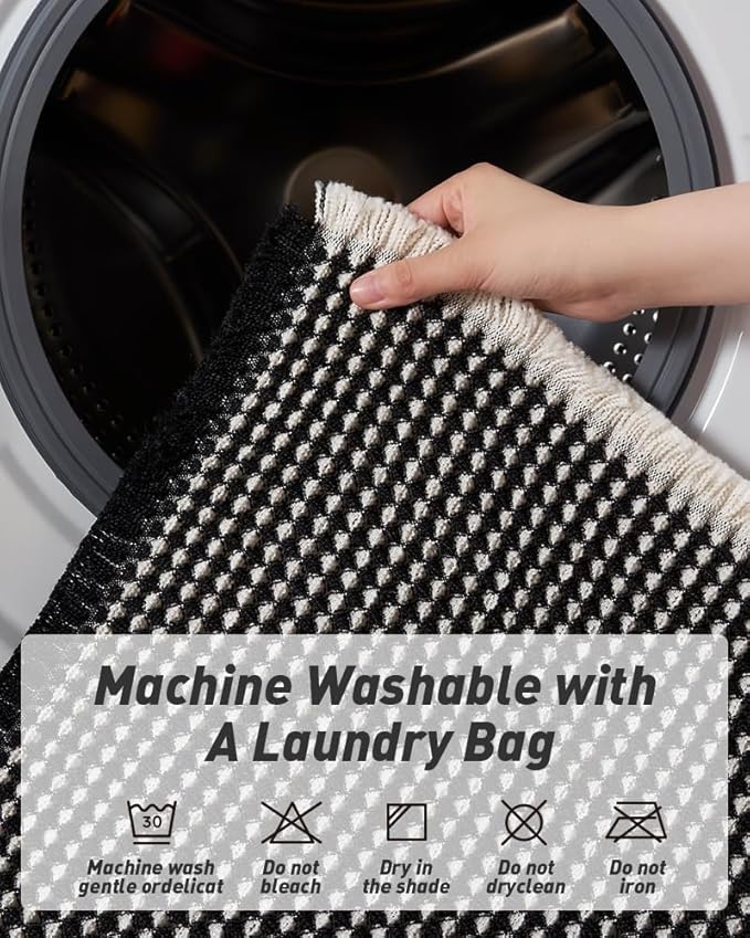 AMOAMI Upgraded Waffle Runner Rug Super Absorbent Non Slip Bath Mats for Bathroom Machine Washable Bathroom Runner Rug with Tassels, Ideal for Hallway Bedroom Laundry Room, 17" x 60", Black & Cream