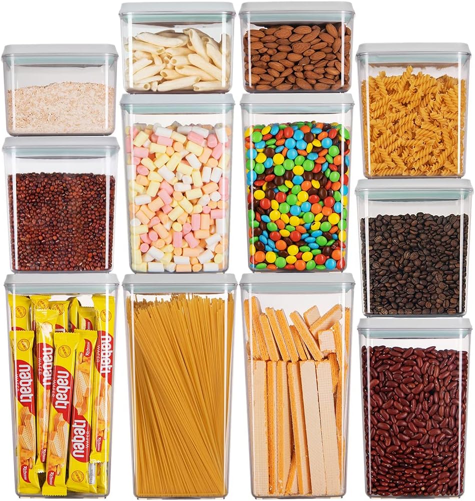 Ankou Pop Airtight Food Storage Containers with Lids for Kitchen Pantry Organizing Stackable Container for Cereal Snack Flour Sugar Coffee Spaghetti -12 Pcs(1.2, 2.0, 2.7, 3.3qt)*3