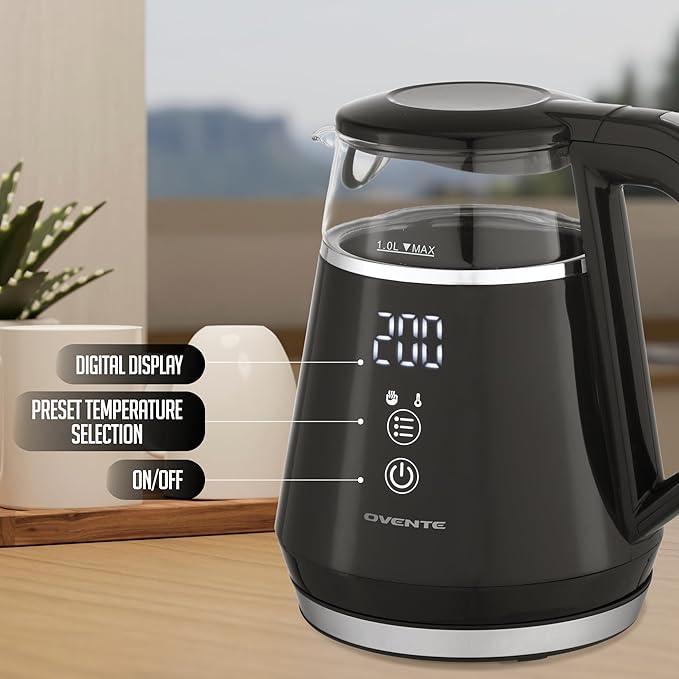 OVENTE Electric Kettle with 5 Temperature Control Presets, LED Digital Display, 5Hr Keep Warm Function, Auto Shut-Off and Boil Dry Protection, 1500W BPA Free Glass Water Heater and Boiler, Black KD95B