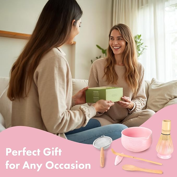 Matcha Kit Whisk Set (7 Pcs) - Complete Matcha Set, Matcha Bowl with Spout, Whisk with Holder, Bamboo Scoop with Rest and Sifter, Perfect Kit for Matcha Lovers (Sakura Pink)