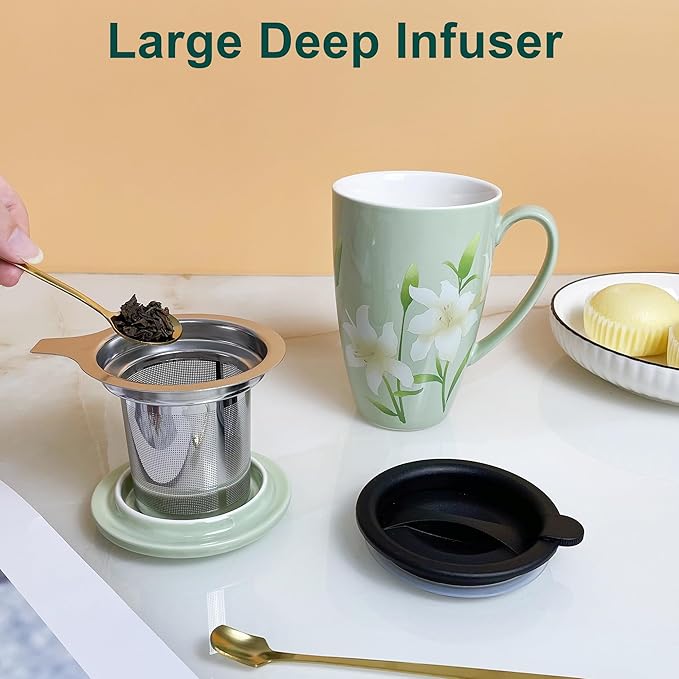 Tea Infuser Cup, 17oz Porcelain Large Tea Mugs with Infuser and Lid for Housewarming, Graduation, Retirement, Lily Green