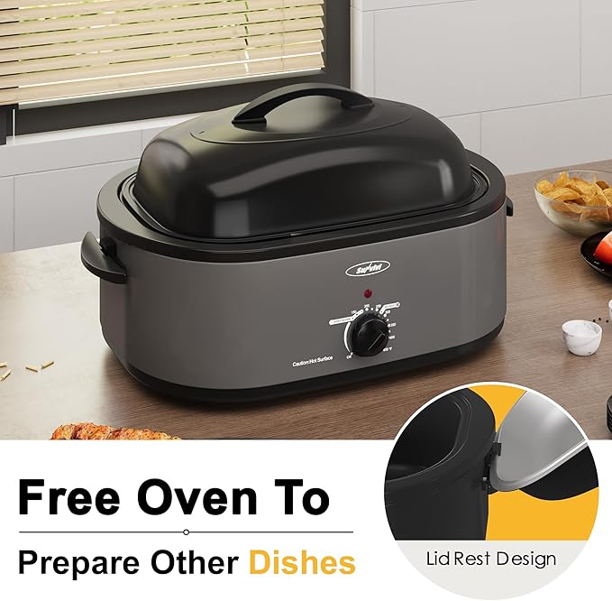 Roaster Oven, Electric Roaster Oven with Viewing Lid, Large Roaster with Removable Pan & Rack, Turkey Roaster with Unique Defrost/Warm Function, Stainless Steel, Grey, 18QT