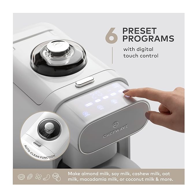ChefWave Milkmade Non-Dairy Milk Maker – 6-in-1 Plant-Based Milk Machine for Almond, Oat, Soy, Cashew, Coconut & Macadamia – No Soaking, Auto-Clean, Delay Start, Glass Pitcher – White