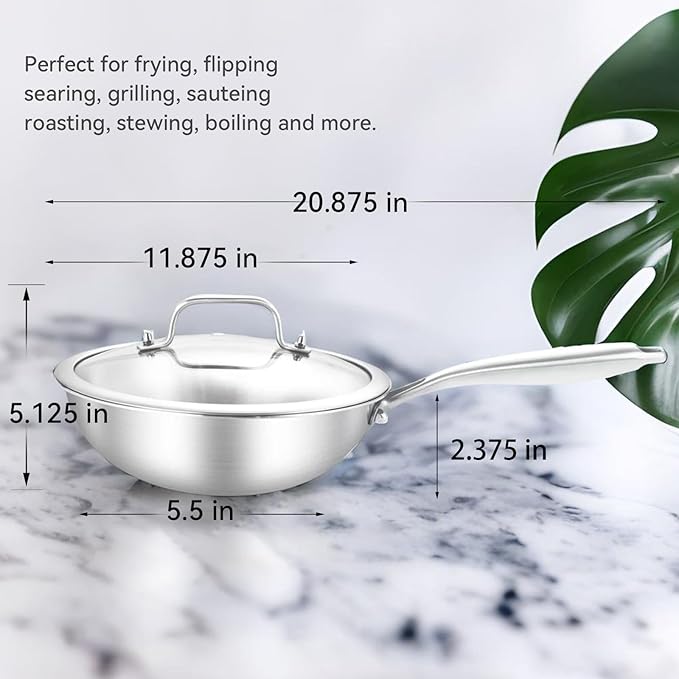 LOLYKITCH 12 Inch Tri-Ply Stainless Steel Wok Pan with Lid,Induction Stir-Fry Pan,Dishwasher and Oven Safe,Heavy Duty and Detachable Handle