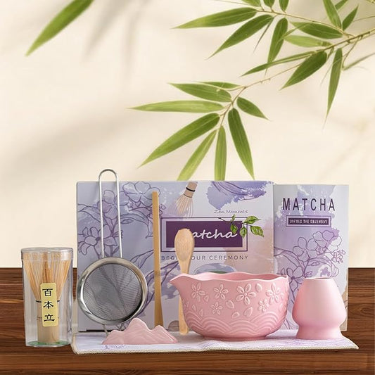 8 Pcs Pink Cherry Blossom Matcha Whisk Set Bowl with Spout Bamboo Chasen Sifter Spoon Scoop Whisk Holder Bamboo Mat Complete Matcha Making Kit