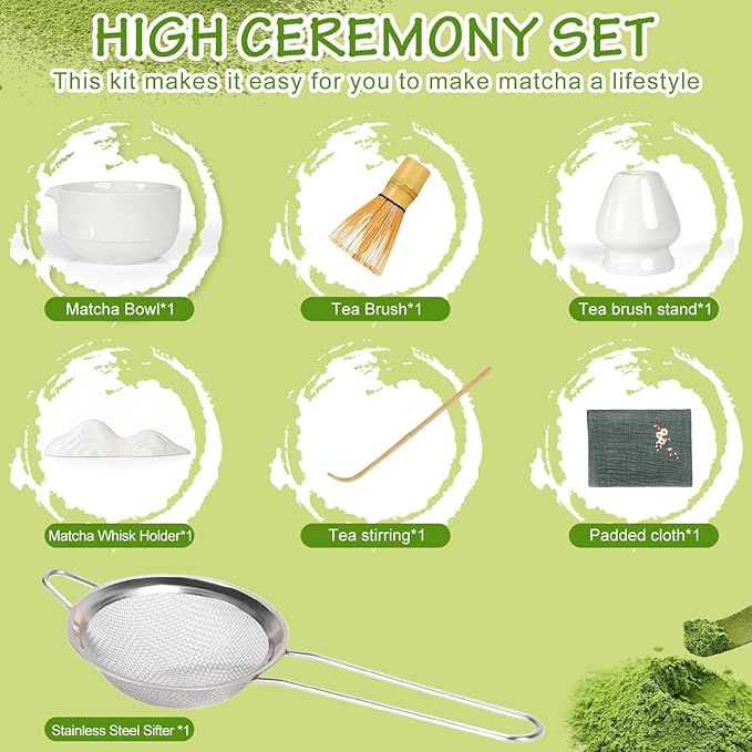 7Pcs Matcha Whisk Set,Ceramic Matcha Tea Set Includes Whisk Matcha Bowl Scoop and Whisk with Holder Sifter Towel,Elegant Matcha Kit Gift for Matcha Enthusiasts and Tea Lovers(White)