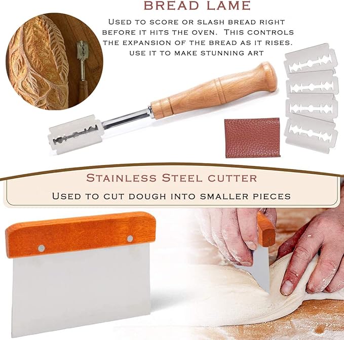 YAANI Sourdough Starter Kit, Sourdough Bread Baking Supplies, Banneton Bread Proofing Basket Set Of 2 Round and Oval, Dough Whisk, Scoring Tool, Metal Scraper, Silicone Scraper, Premium Baking Tools