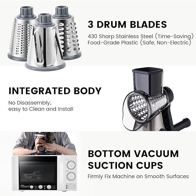 HANSGO Rotary Cheese Grater, Hand Crank Cheese Shredder for Fresh Cheeses, Vegetable, Nuts, Safe Kitchen Tool, Non-slip Suction Base, Labor-Saving Handle, Cleaning Brush, Three Blades
