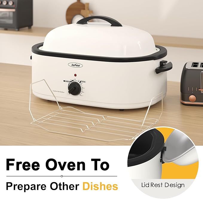 Roaster Oven, Electric Roaster Oven with Viewing Lid, Large Roaster with Removable Pan & Rack, Turkey Roaster with Unique Defrost/Warm Function, Stainless Steel, White, 20QT