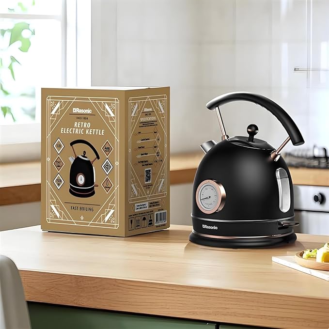 Rasonic Classic Retro Electric Kettle, 1.8L Stainless Steel, 1500W Fast Quiet Boiling, Temperature Gauge, LED Light, Auto Shut-Off, Home & Office Use - Matt Finish Black and Rose Gold