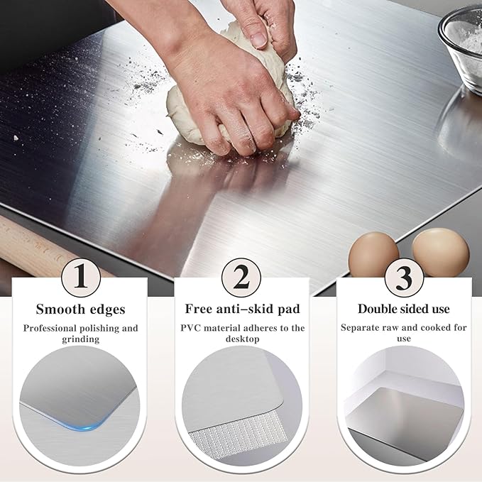 Stainless Steel Cutting Board for Kitchen - 304 Stainless Steel Chopping Boards for Baking, Double-Sided Use for Raw & Cooked Food - Ideal for Homemade Pasta, Pizza & Bread Making (19.6×23.6×0.06")