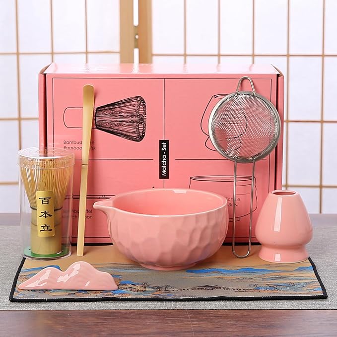 7-Piece Matcha Whisk Set, Pink Ceramic Matcha Bowl with Unique Diamond Design, Bamboo Whisk, Scoop, Sifter & Tea Towel - Complete Matcha Kit for Tea Lovers (Pink Gift Box)