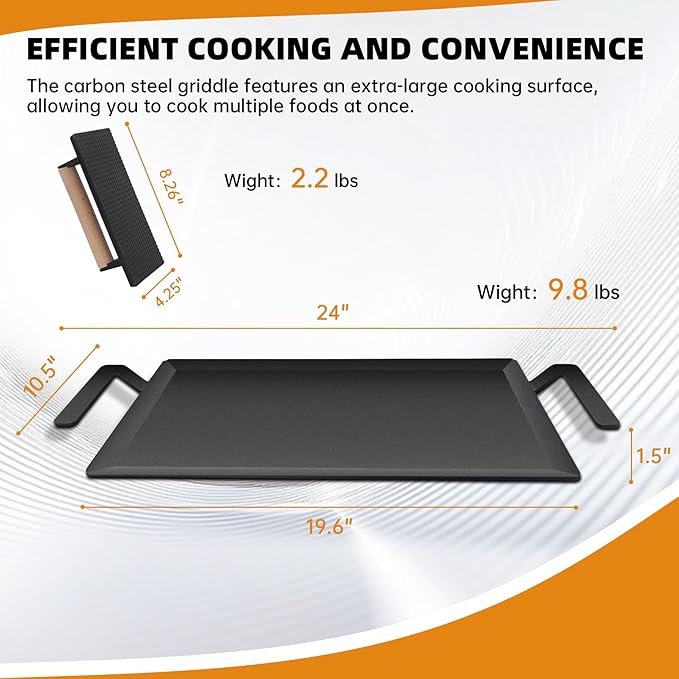 Large Carbon Steel Griddle for Stove Top, Gas Grill, Induction Cooktop and Ovens, Double Burner Griddle Comes with Grill Press, Pre-Seasoned Non-Stick Pan