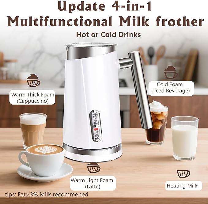 Electric Milk Frother, Milk Frother and Steamer, Automatic 4-in-1 Electric Milk Steamer, Warm and Cold Foam For Coffee,Latte, Cappuccino