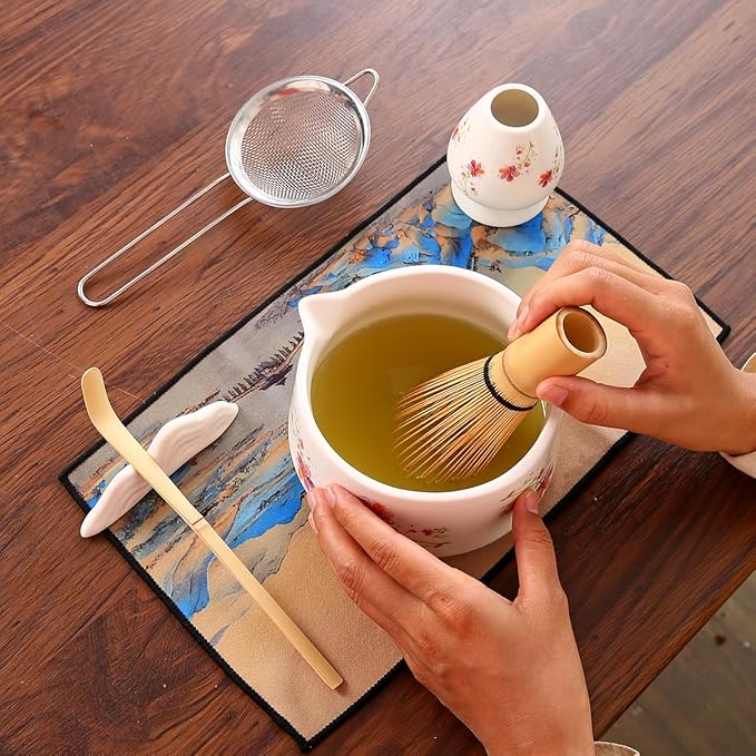 Matcha Set 7-Piece matcha whisk set Kit with Ceramic Bowl, Bamboo Whisk & Holder, 1 Scoops, Strainer, Tea Cloth Pink gift box (white)
