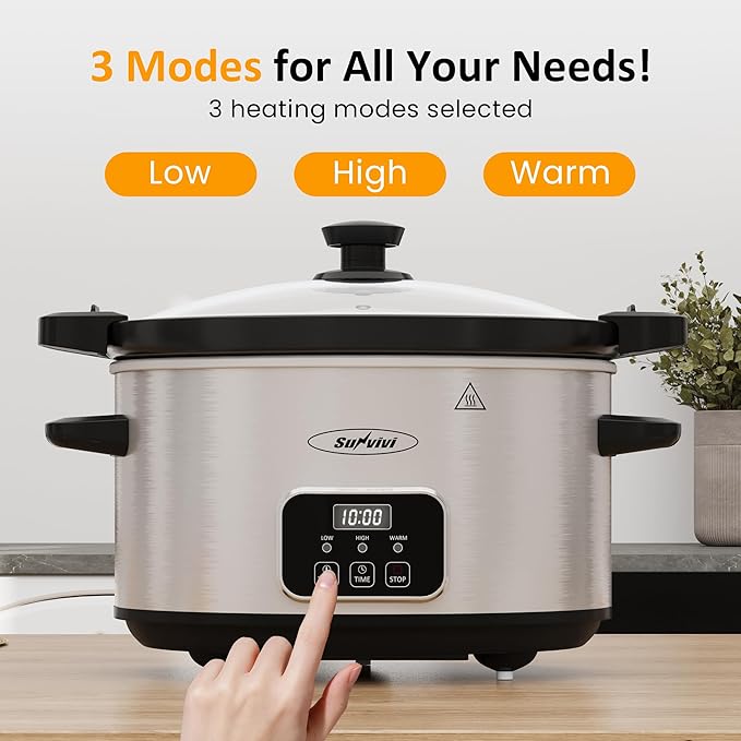 Sunvivi 4QT Programmable Slow Cooker with Locking Lid, Removable Ceramic Pot, 3 Heating Settings & Timer, Dishwasher-Safe, Stainless Steel
