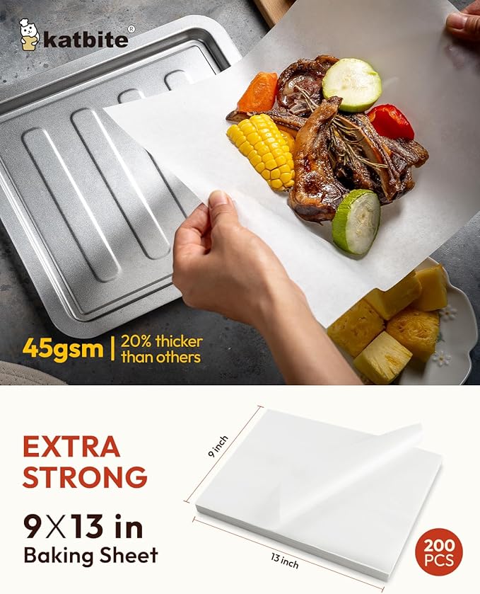 Katbite 200Pcs 9x13 inch Heavy Duty Parchment Paper Sheets, Precut Parchment Paper for Quarter Sheet Pans Liners, Baking Cookies, Bread, Meat, Pizza, Toaster Oven (9"x13")