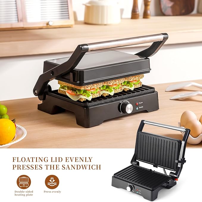 Panini Press Grill Sandwich Maker, Large Electric 3 in 1 Panini Sandwich Maker Grill, Open 180 Degrees for Grill Indoor, Perfect for Grilling Steaks, Burger, Sandwich,Non-stick Pan, Black