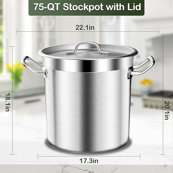 Commercial Grade Large Stock Pot - 75 QT Soup Pot with Lid - Non-Nickel Stainless Steel Stock Pots - Healthy Cookware Polished Stockpots - Heavy Duty Cooking Pots, Cookware Sauce Pots