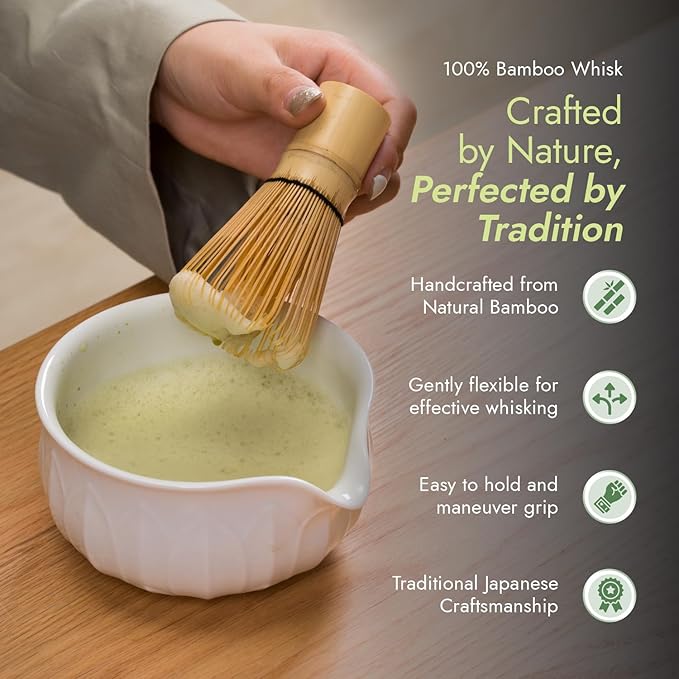 Matcha Whisk Set - 7pcs Japanese Tea Ceremony Kit with Spouted Bowl & Bamboo Whisk, Matcha Starter Kit for Beginners - Authentic Green Tea Accessories, Gift Set for Lovers-White
