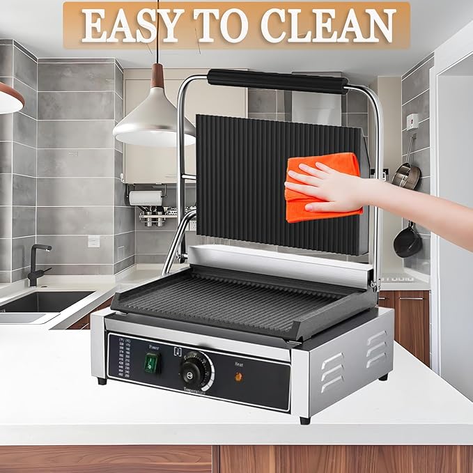CTJ Commercial Panini Press Stainless Steel Electric Sandwich Panini Maker 2200W Countertop Panini Grill Press with Grooved Top & Temp Control for Sandwich Hamburger Steak Bacon