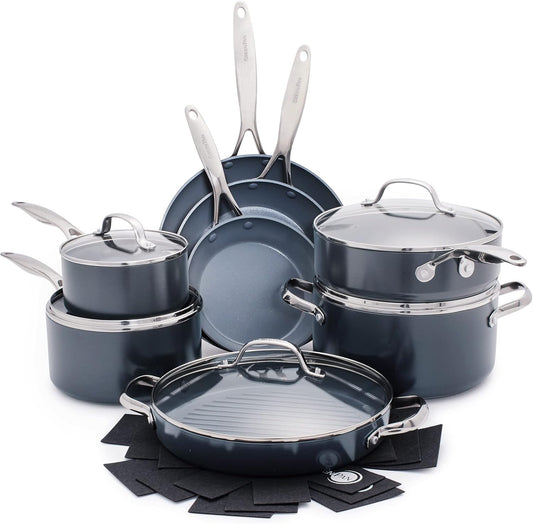 GreenPan 16 Piece Valencia Pro Ceramic Nonstick Cookware Set, PFAS-Free, Induction Ready, Hard Anodized Pots & Pans with Lids, Compatible on All Cooktops, Dishwasher & Oven Safe, Gray