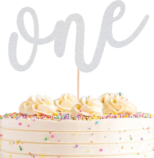 First Birthday Cake Topper - Silver Glitter One Cake Decorating Supplies for Girls and Boys, Perfect for Baby Shower/Gender Revealing Party/Baby Party Photo Booth Props