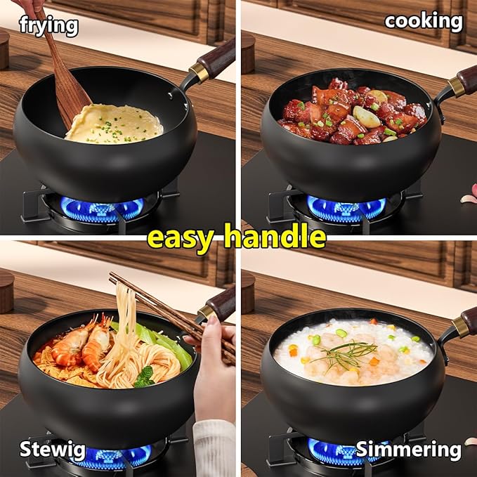 Unadulterated Iron Frying Pan, Uncoated Heats Evenly Multi-Purpose Frying Pan for Any Stovetop, Oven or Even Campfire with Tempered Glass Lid and Wooden Handle