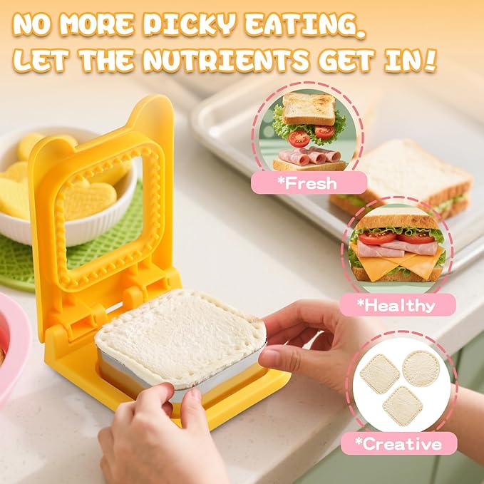 2 Pack Sandwich Cutters For Kids Lunch，Home DIY Round& Square Crustless Sandwich Cutter, 3.7 Inches Sandwich Sealer for Breakfast Lunch, Pink and Yellow