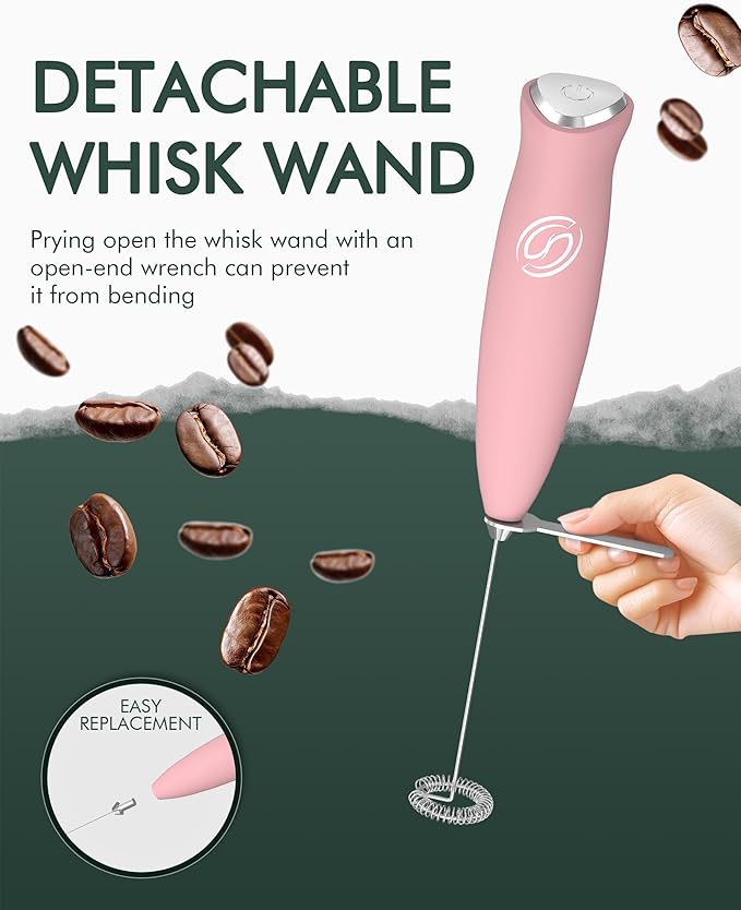 Milk Frother Wand Coffee Frother Handheld Drink Mixer Handheld with 2 Whisks Electric Whisk Stirrers Electric Milk Frother for Coffee Mixer Wand Milk Foamer-Pink