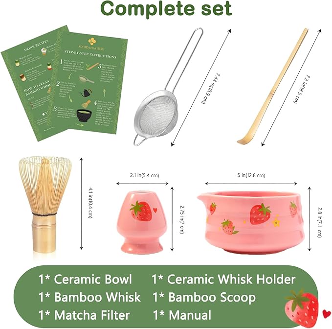 Pink Matcha Set Whisk And Ceremony Bowl, 5 Pcs Ceramic Traditional Matcha Making Kit Gift Set For Women Friends Tea Lover