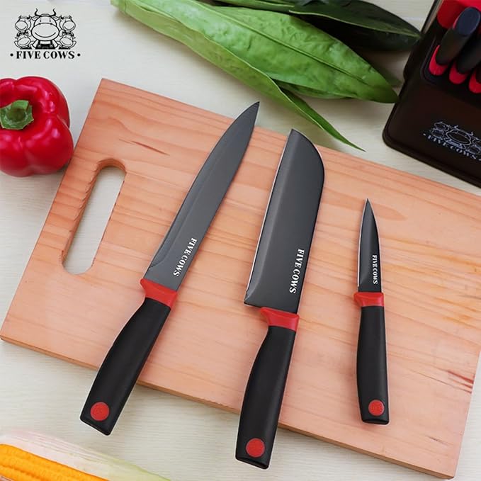 14 Pcs Kitchen Knife Block Set with Sharpener German High Carbon Stainless Steel Chef Knives, Razor-Sharp & Durable, Lightweight Anti-Slip Handle, Professional Set for Home & Kitchen (Red)
