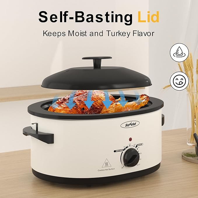 Sunvivi 8-Quart Roaster Oven with Self-Basting Lid, Electric Turkey Roaster Oven with Removable Pan and Rack, Stainless Steel, White