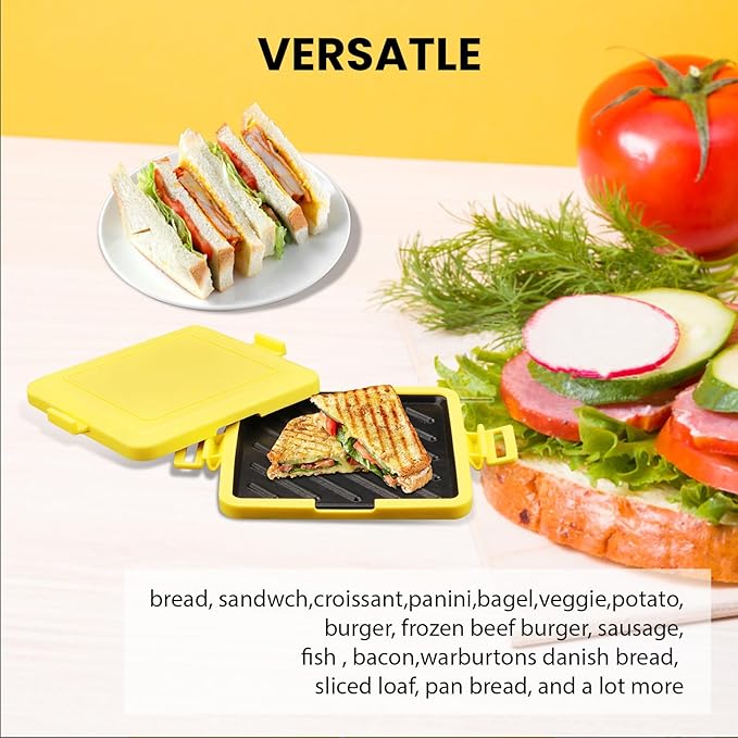 Microwave Toastie Maker, 6.9 * 5.9 * 1.6 Inch Sandwich Maker Time-Saving Grilled Cheese Toaster with Adjustable Silicone Strap Microwave-Safe Cookware Kitchen Tool for Toastie Panini (Yellow)