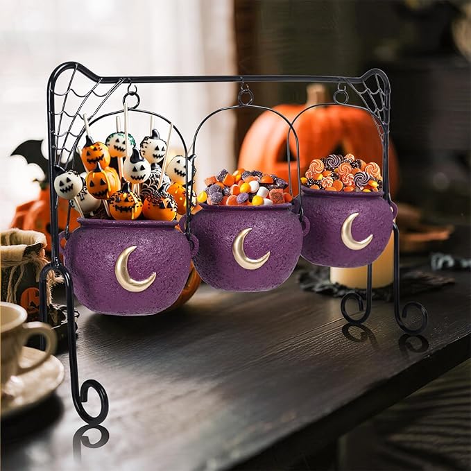 Halloween Decor Halloween Party Decorations Set of 3 Witches Cauldron Serving Bowls on Rack Black Resin Cauldron for Indoor Home Kitchen Decoration Purple Moon